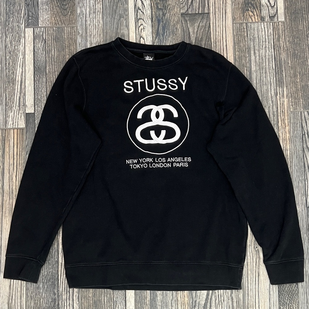 🔥🔥 Vintage STUSSY Brand Embroidered CREWNECK Sweatshirt Black Mens‎ XL - EUC